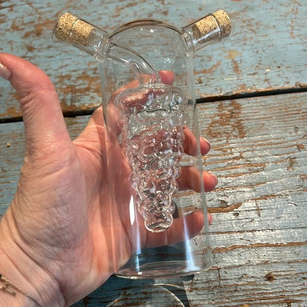 Glass Olive Oil and Vinegar Cruet separator 2 Spout, Grapes hand blown in /out